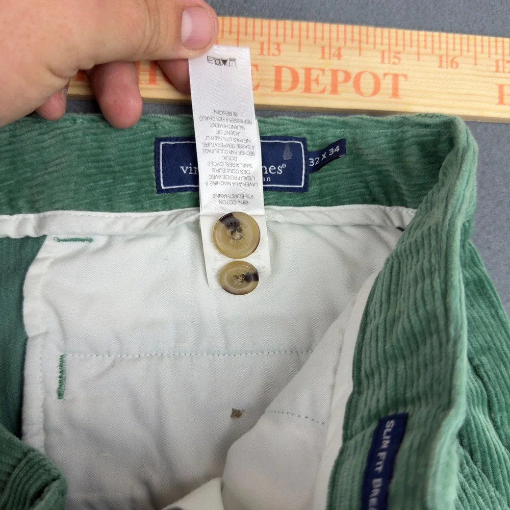 Vineyard Vines Mens Slim Fit Breaker Corduroy Pants Green 32x34 Cotton Stretch